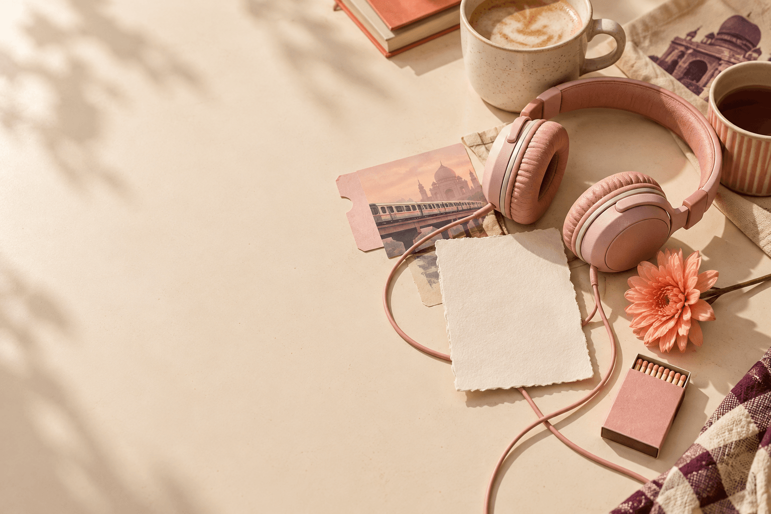 Peach headphones and coffee beside a Delhi Metro ticket